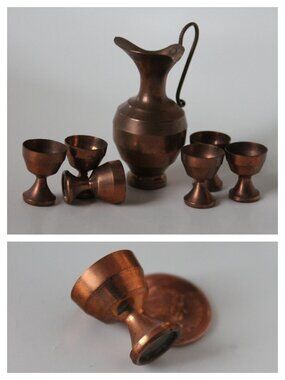 Miniature Set of 6 Metal Goblets and Pitcher